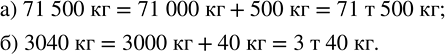 Изображение 1.133. Заполните пропуски: а) 71 500 кг= ... т ... кг; б) 3040 кг = ... т ... кг.Выделяем каждый раз количество тысяч, так как заведомо знаем, что  1 т=1 000 кг.То...