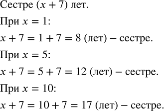 Изображение 2.133. Сестра старше брата на 7 лет. Сколько лет сестре, если брату x лет? Составьте выражение и найдите его значение при x = 1; 5;...