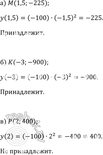 Изображение 97 Принадлежит ли графику функции у = — 100x2 точка:а) М( 1,5; -225); б) К(-3; -900); в) 2;...