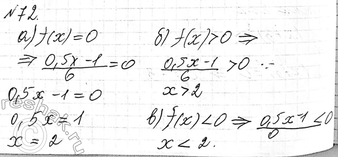 Изображение 72 Функция задана формулой f(x) = (0,5x-1)/6.При каких  значениях х:a) f(x) = 0; б) f(x) > 0; в) f(x)...