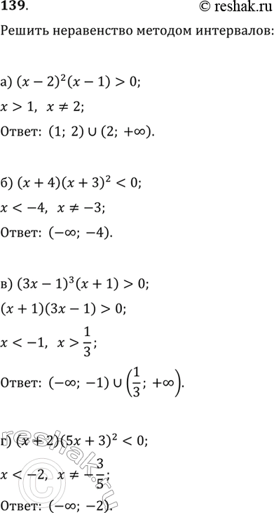 Изображение 139.а) (x-2)(x-1)>0б) (x+4) (x+3)^20    г) (x+2) (5x+3)^20   е) (x-1)(25-x^2 )(x^2-4x+4)>0   ж) (3x-7)(x^2+2x+2)0 и) (x^2+4x+5)(x^2-4x+3)(x-1)0...