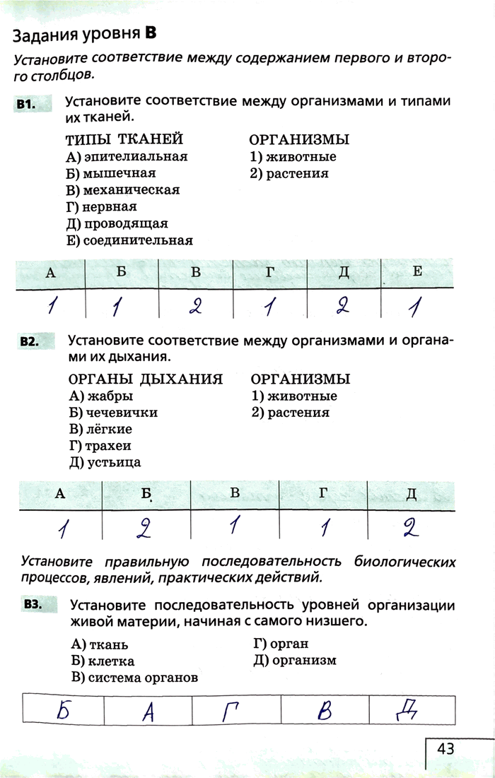 Изображение Задания уровня ВУстановите соответствие между содержанием первого и второго столбцов.В1. Установите соответствие между организмами и типами их тканей.ТИПЫ...