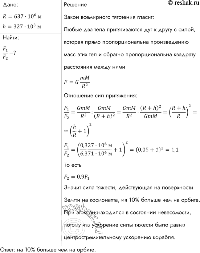 Изображение Наибольшее удаление от поверхности Земли космического корабля «Восток», запущенного 12 апреля 1961 г. с первым в мире летчиком-космонавтом Ю. А. Гагариным, было 327 км....